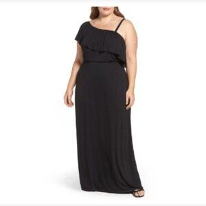 Bobeau Plus 3X Maxi Dress Black Ruffle One Shoulder Stretch Jersey Blouson Rayon